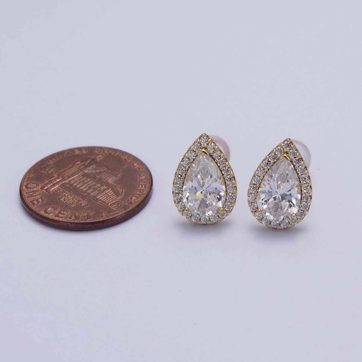 Clear, Green Teardrop Micro Paved CZ Gold Stud Earrings