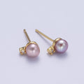 Round Purple Shell Pearl Cubic Zirconia Gold Stud Earrings