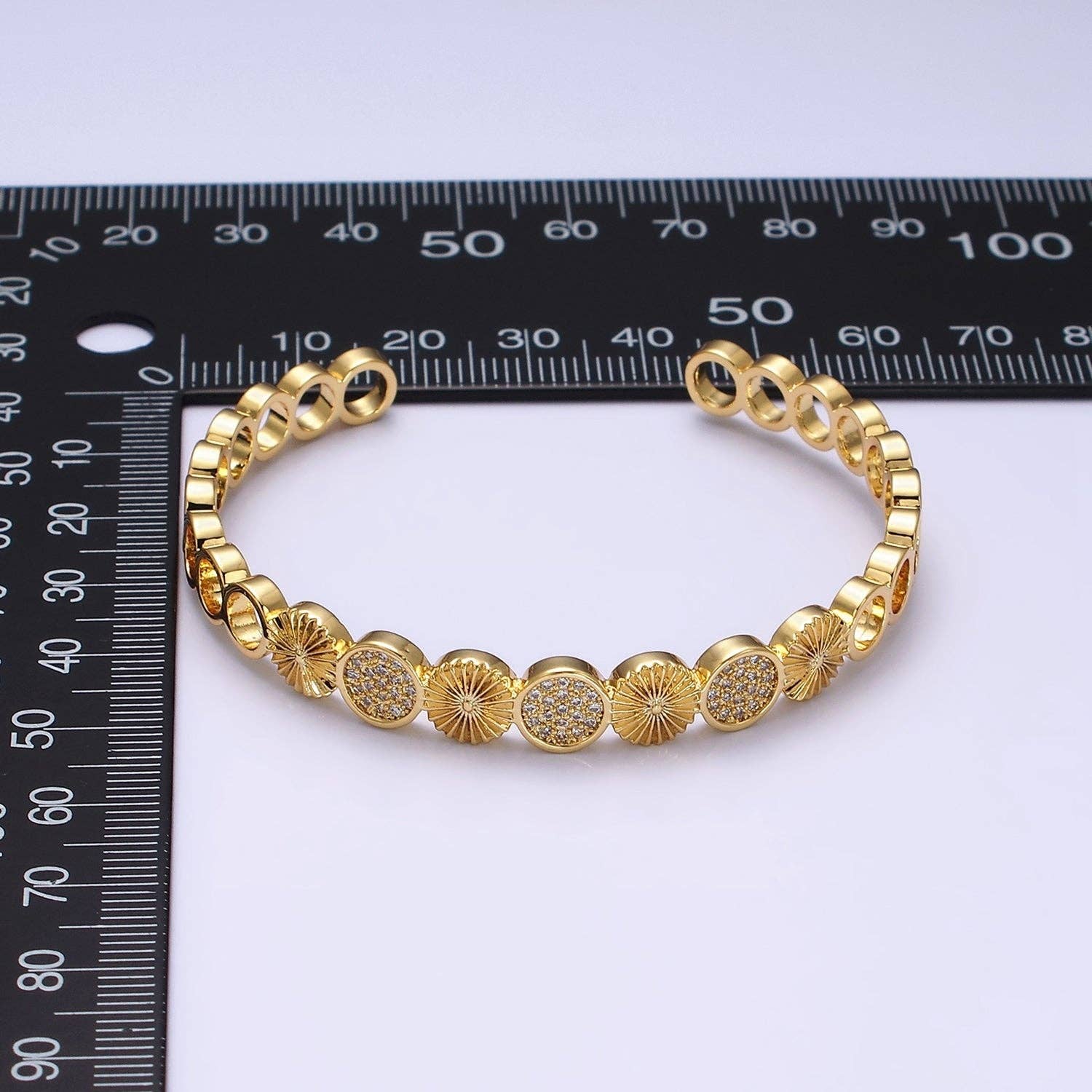 14K Gold Filled Sunflower Sunburst Textured CZ Cuff Bracelet: Silver