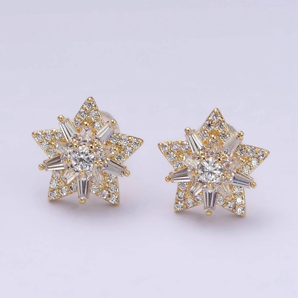 14K Gold Filled Celestial Star Baguette CZ Stud Earrings Silver