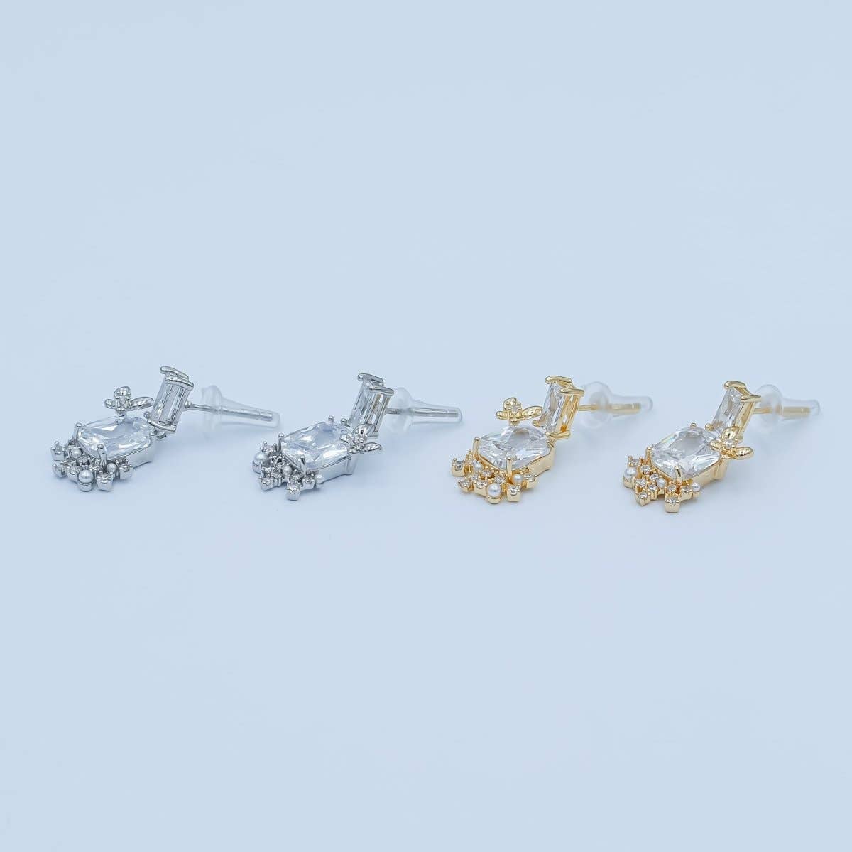 Clear CZ Baguette Pearl Cluster Drop Stud Earrings in Silver