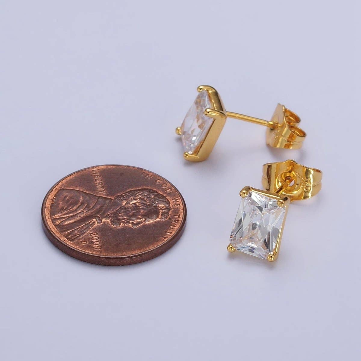 24K Gold Filled Clear Baguette Minimalist Stud Earrings in  Silver