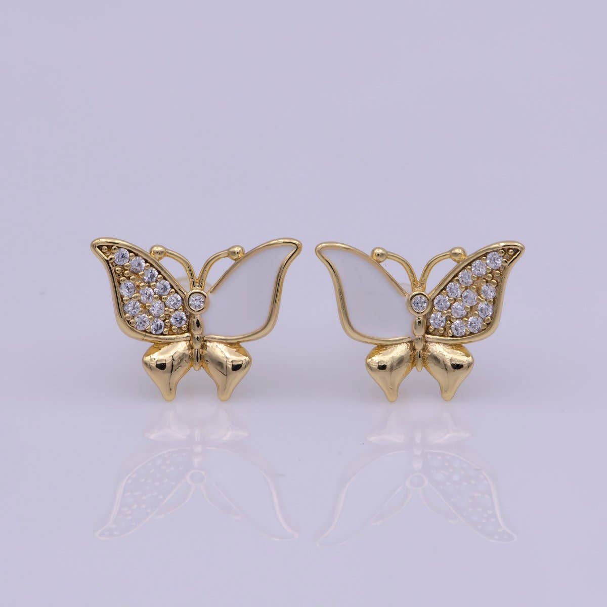 Dainty Teal, White Enamel, Crystal Zirconia CZ Butterfly Wings Gold Stud Earrings