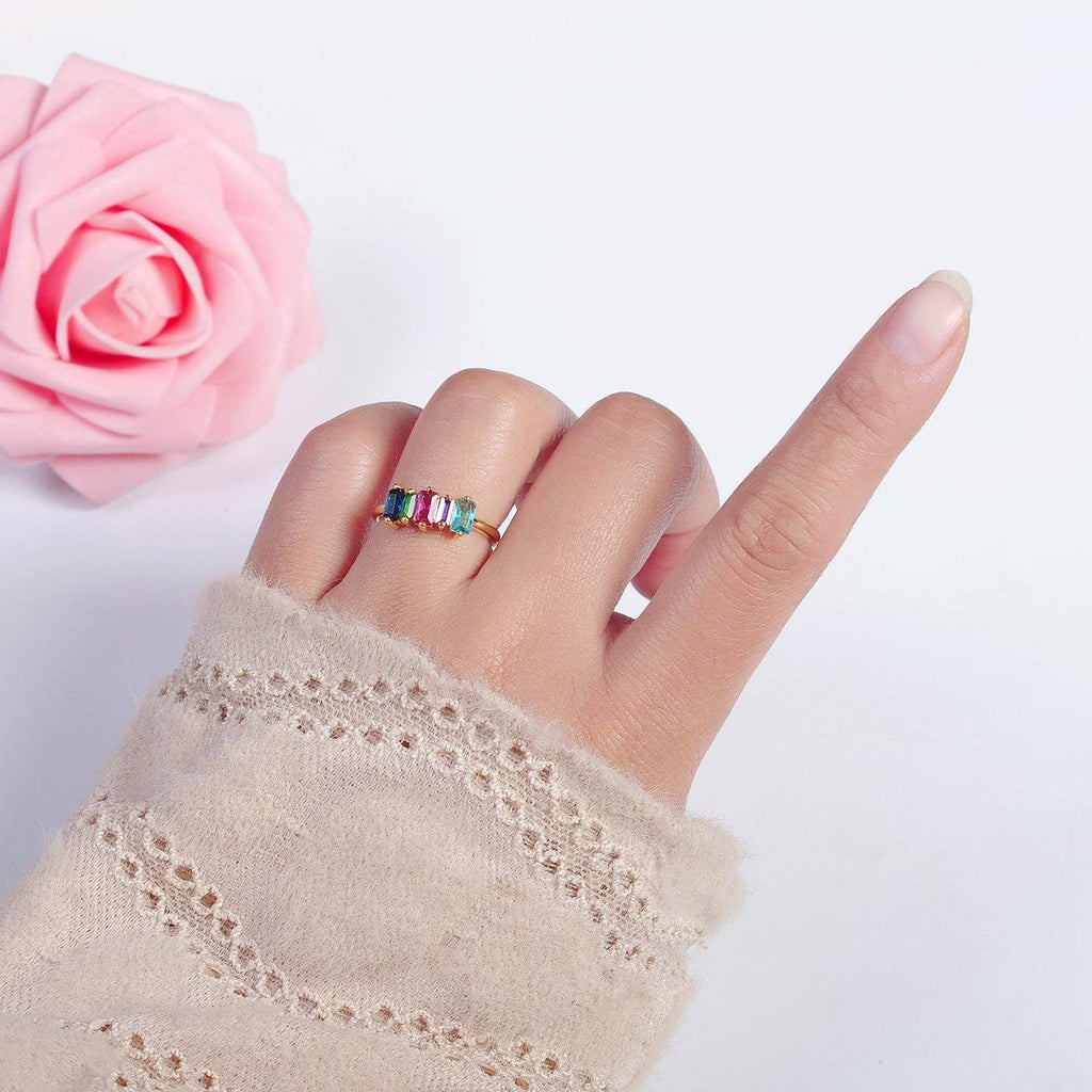 14K Gold Filled Minimalist Colorful Baguette Ring, Gold Mini