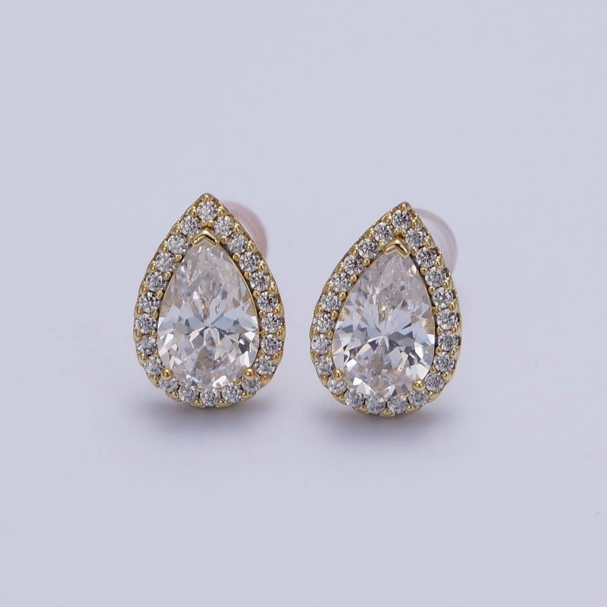 Clear, Green Teardrop Micro Paved CZ Gold Stud Earrings