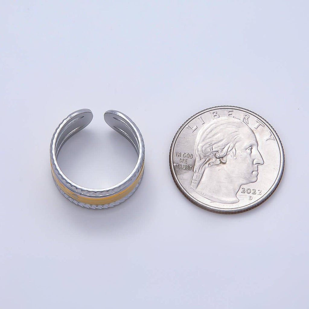 Stainless Steel Mixed Metal Wide Croissant Triple Band Ring