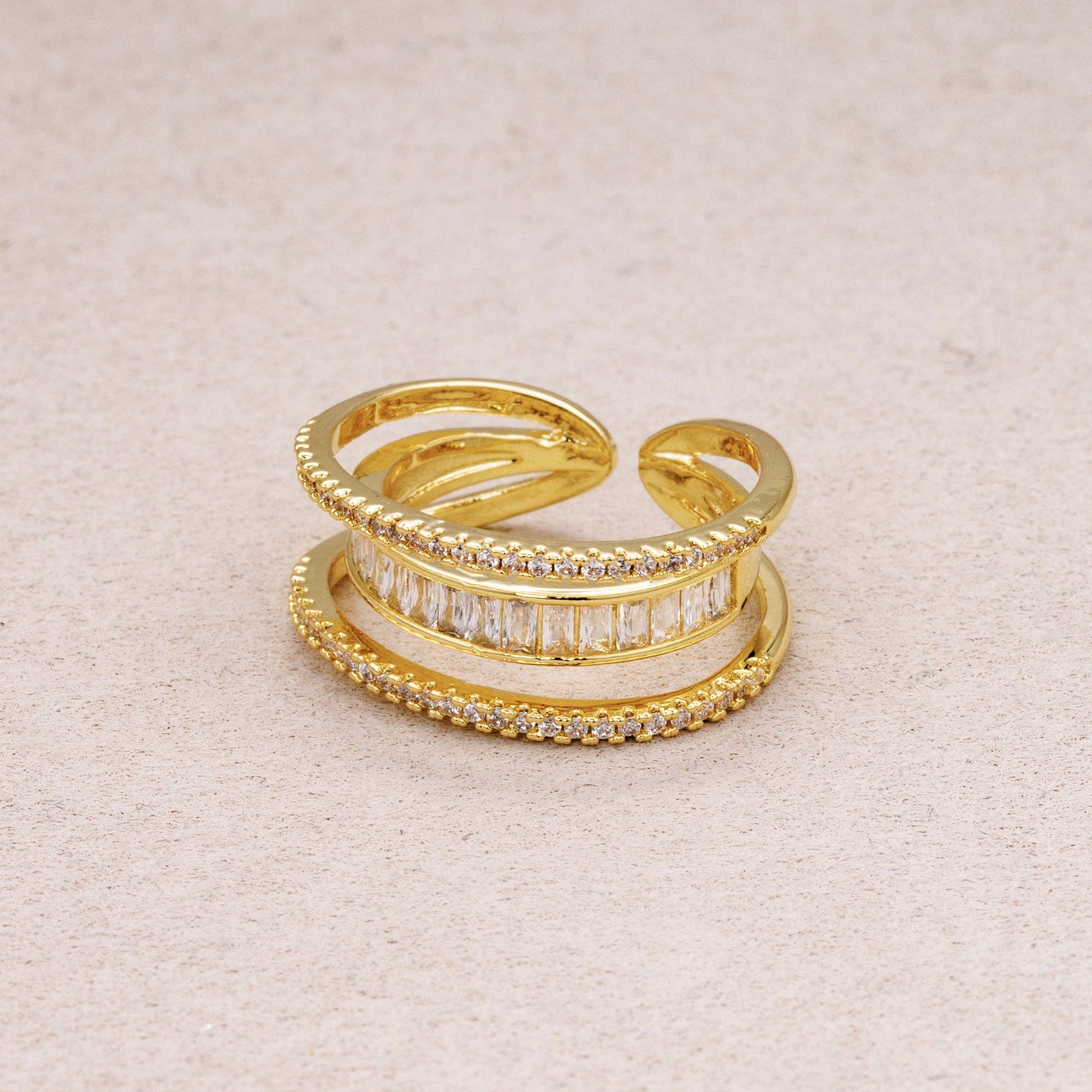 Triple Banded CZ Baguette Micro Pave Adjustable Rings Silver or Gold