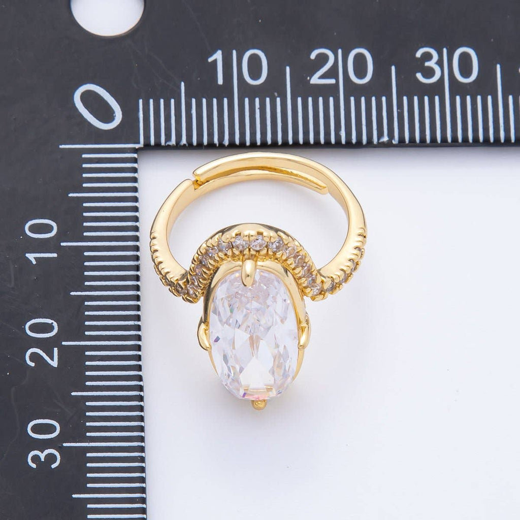18K Gold Filled Clear Oval Micro Paved CZ Solitaire Band Adjustable Ring