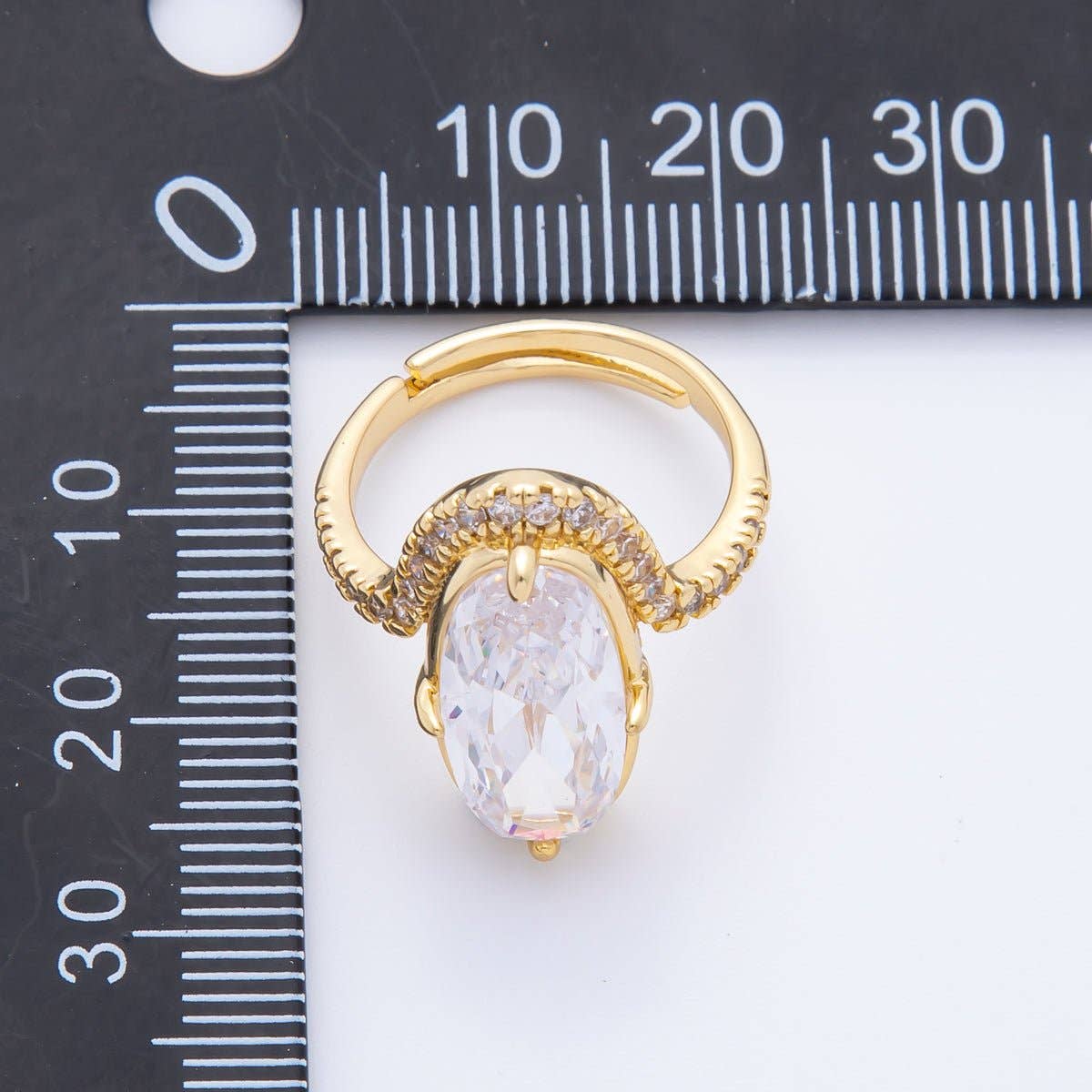 18K Gold Filled Clear Oval Micro Paved CZ Solitaire Band Adjustable Ring