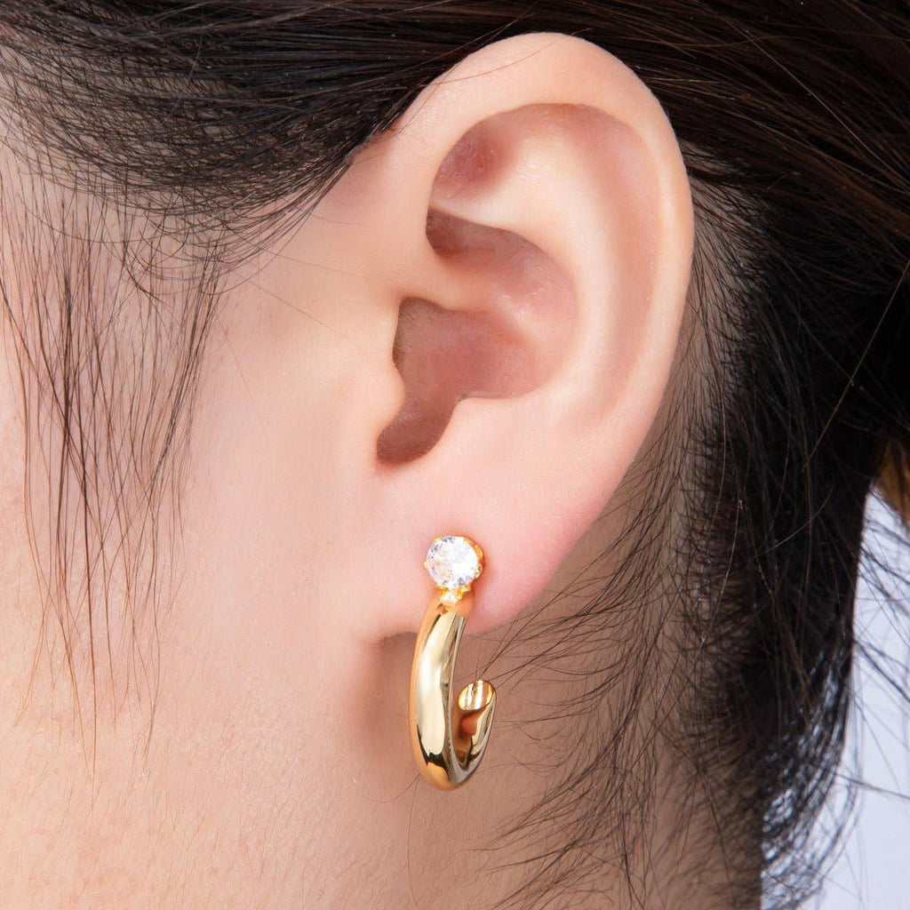 18K 25mm Clear CZ C-Shaped Hoop Earrings