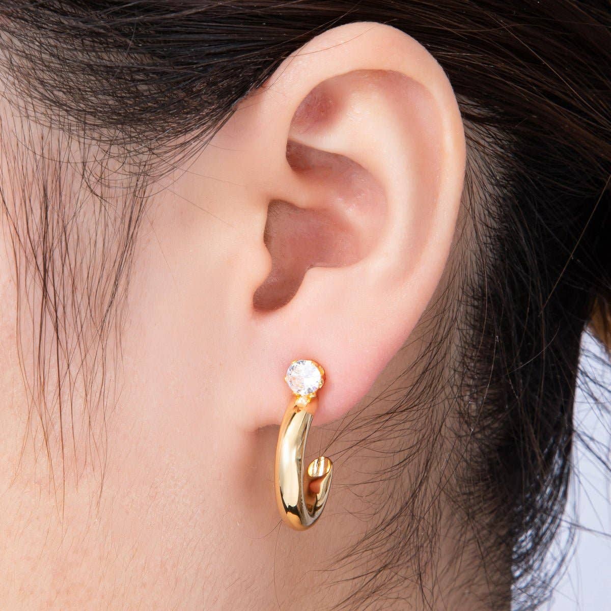 18K 25mm Clear CZ C-Shaped Hoop Earrings