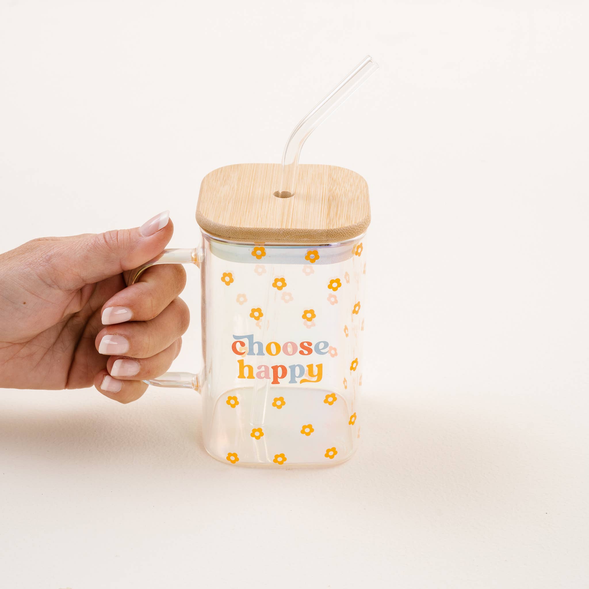 Square Glass Cup With Handle - Choose Happy