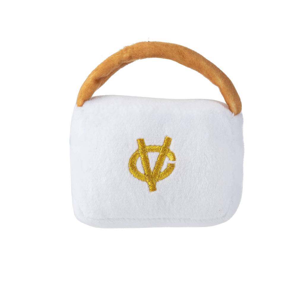 White Chewy Vuiton Purses Squeaker Dog Toy: Small / Mini