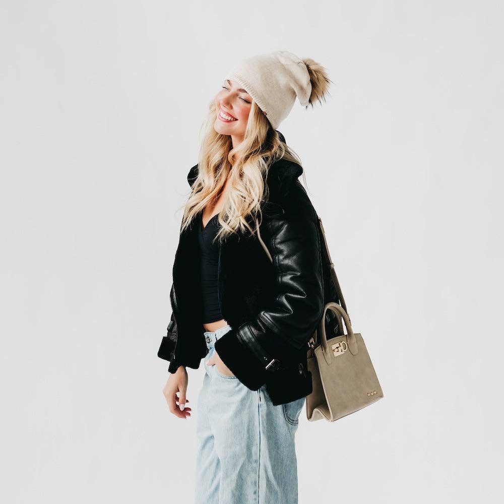 Fine Knit Fur Pom Slouchy Beanie Wholesale: Cream