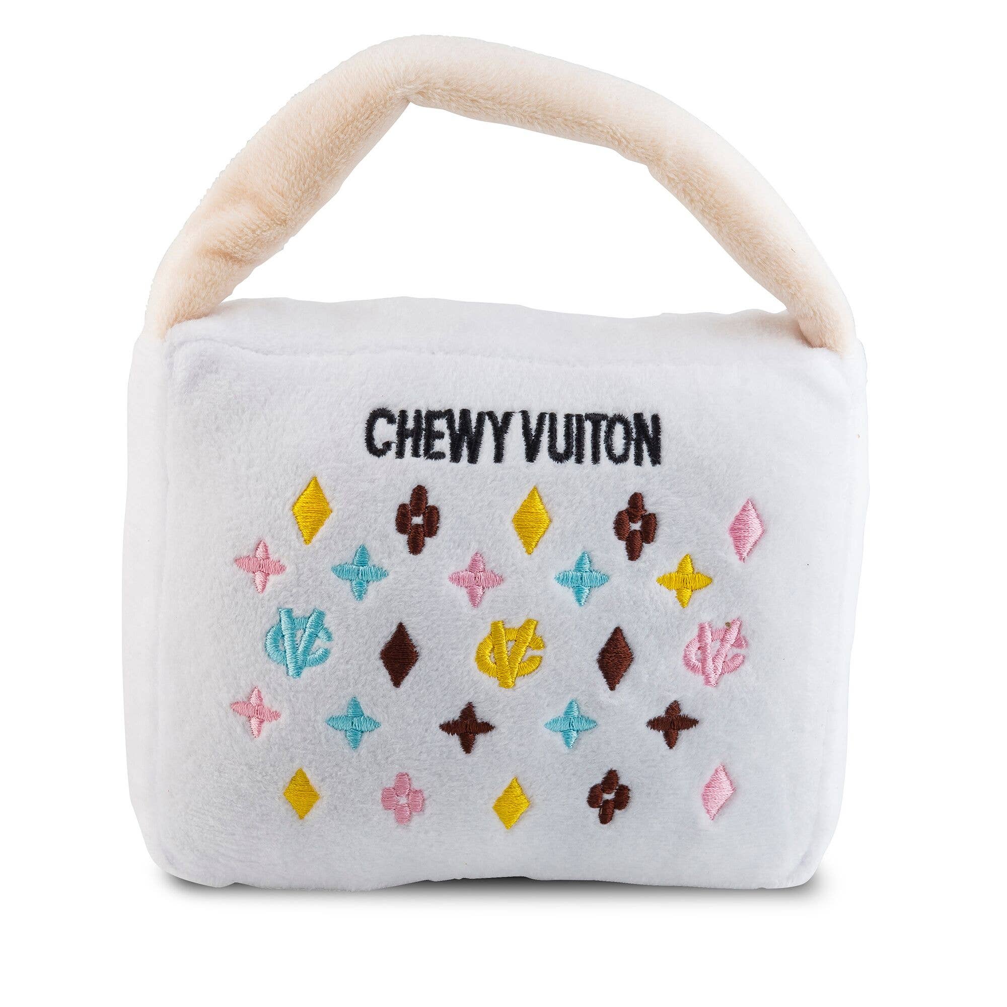 White Chewy Vuiton Purses Squeaker Dog Toy: Small / Mini