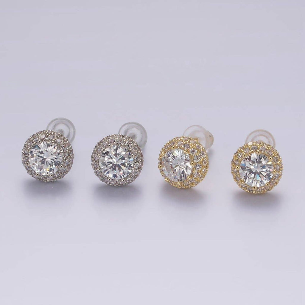 14K Gold Filled Clear CZ Micro Paved Round Stud Earrings in Silver