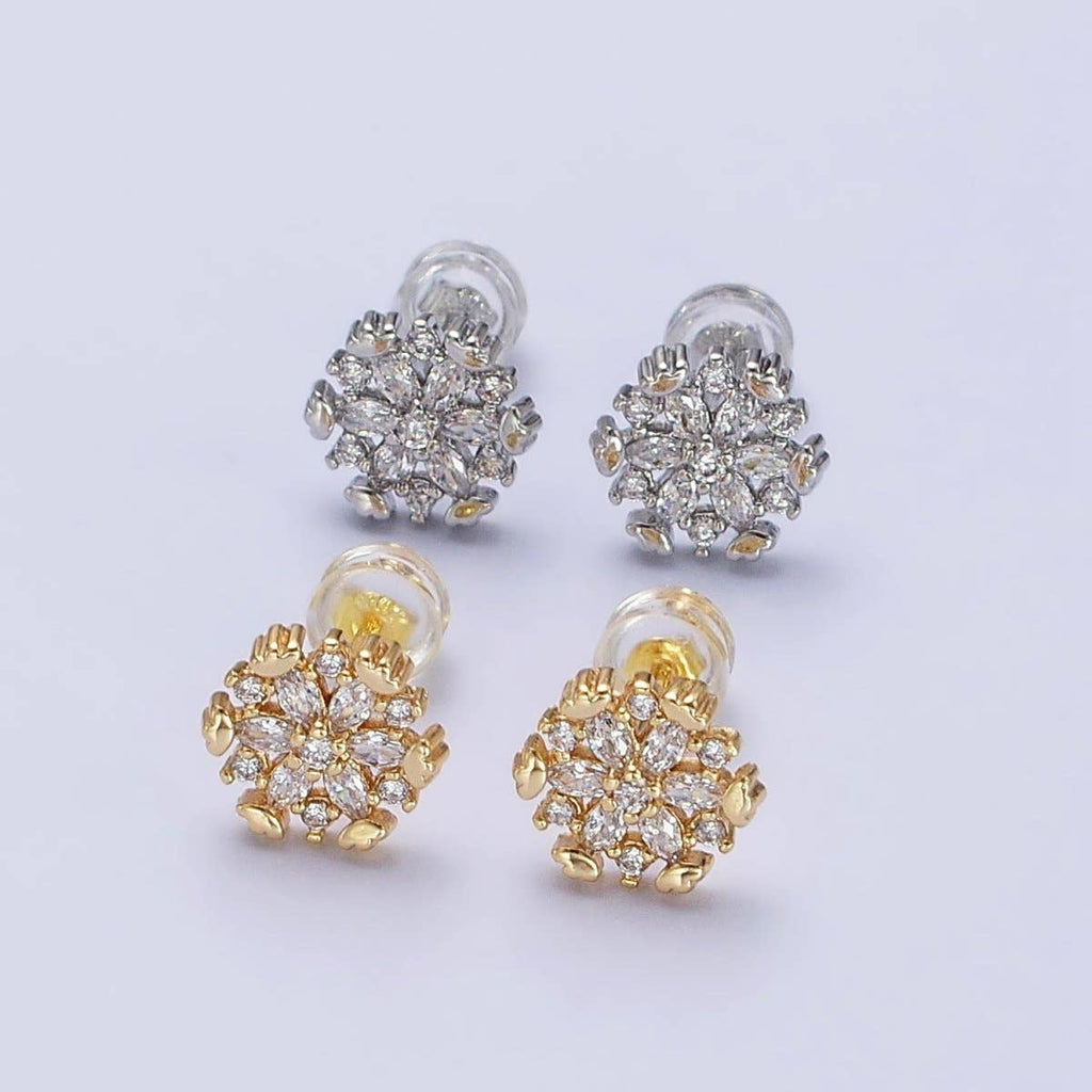 Silver Flower Snowflake Clear CZ Marquise Stud Earrings