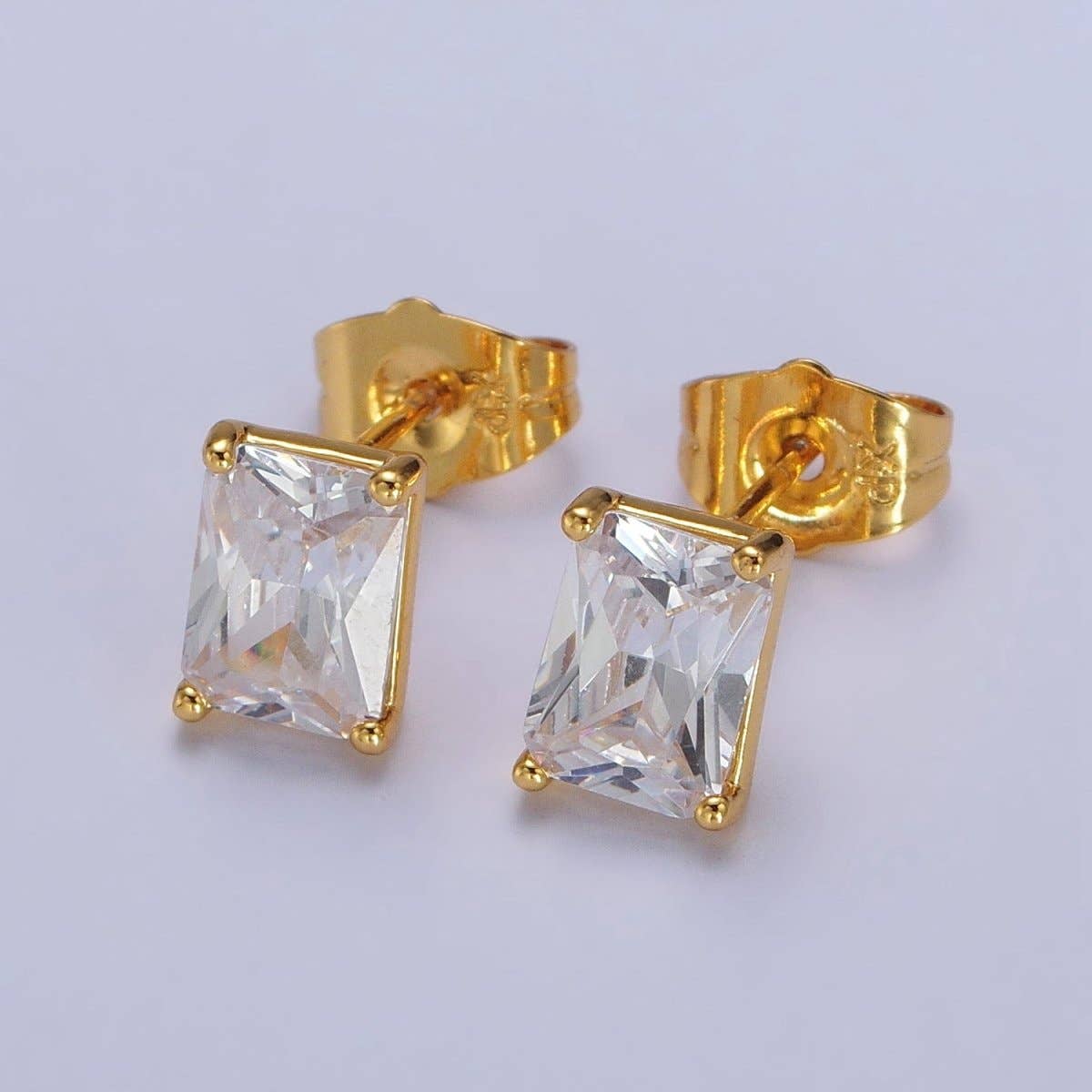 24K Gold Filled Clear Baguette Minimalist Stud Earrings in  Silver