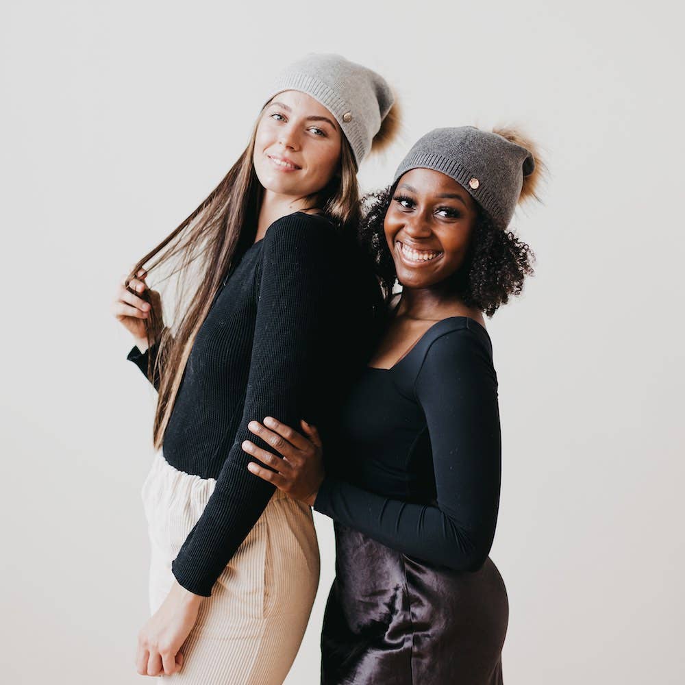 Fine Knit Angora Fur Pom Slouchy Beanie : Mocha