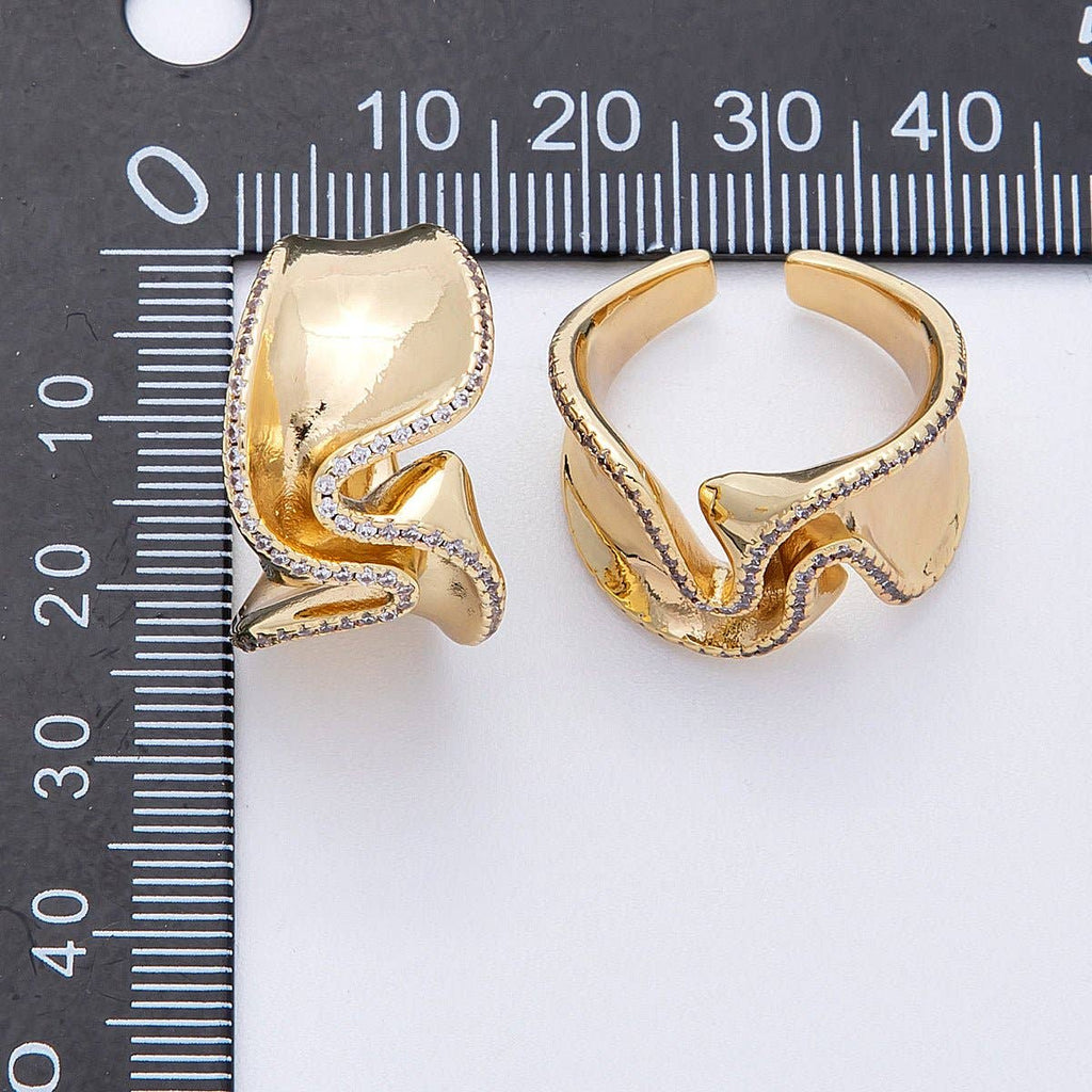16K Gold Filled Micro Paved CZ Foil Wavy Abstract Statement Ring