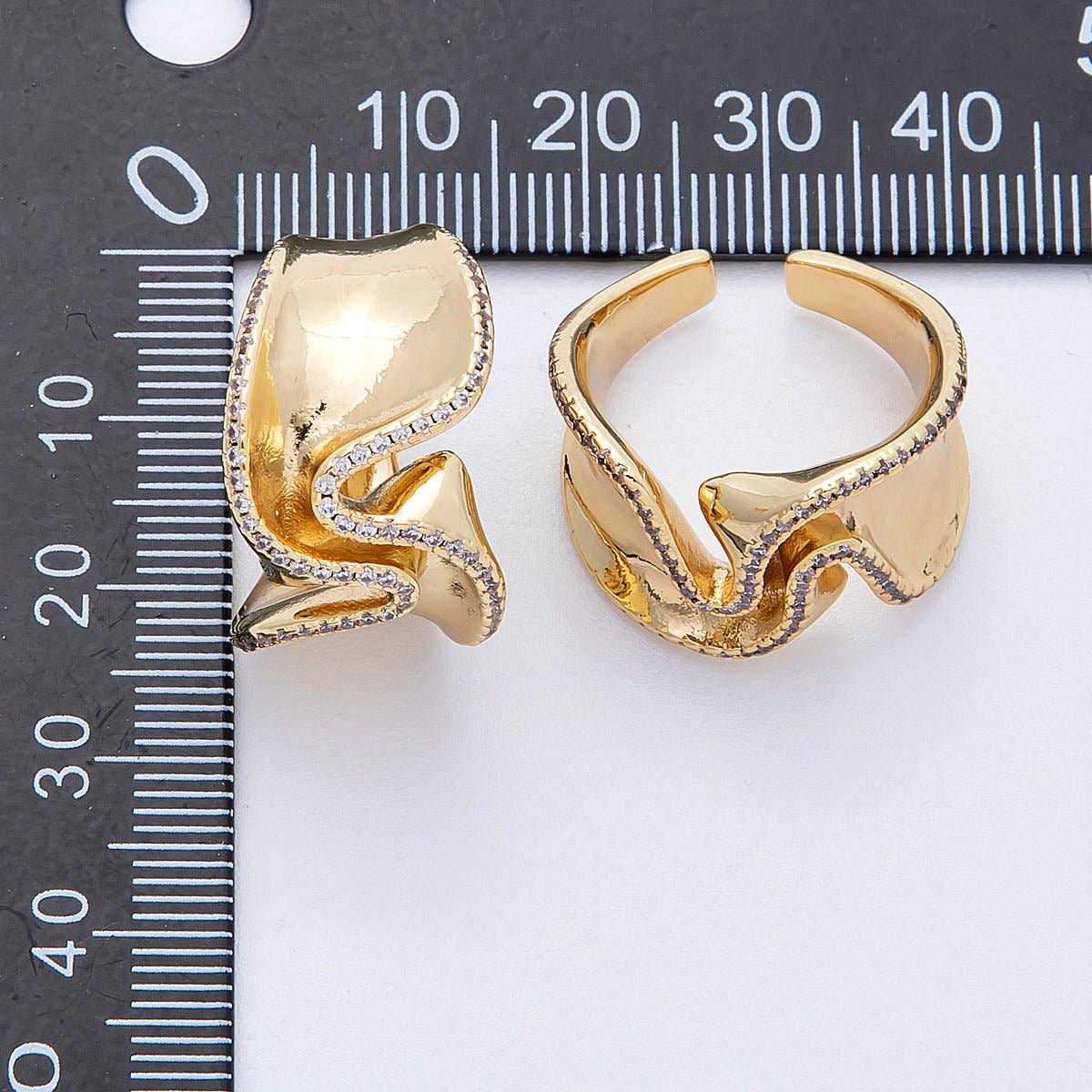 16K Gold Filled Micro Paved CZ Foil Wavy Abstract Statement Ring