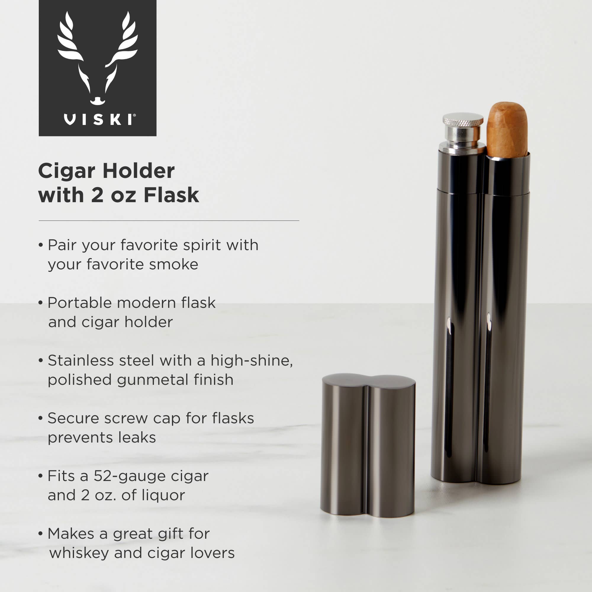 Warren™ Black Gunmetal Plated Cigar Holder and Flask Combo