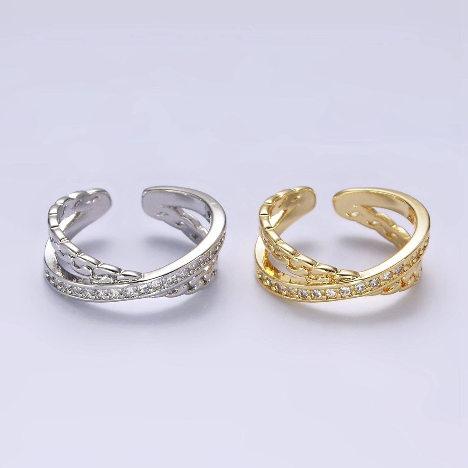 14K Gold Filled Clear CZ Chain Link X Cross Double Band Ring Silver