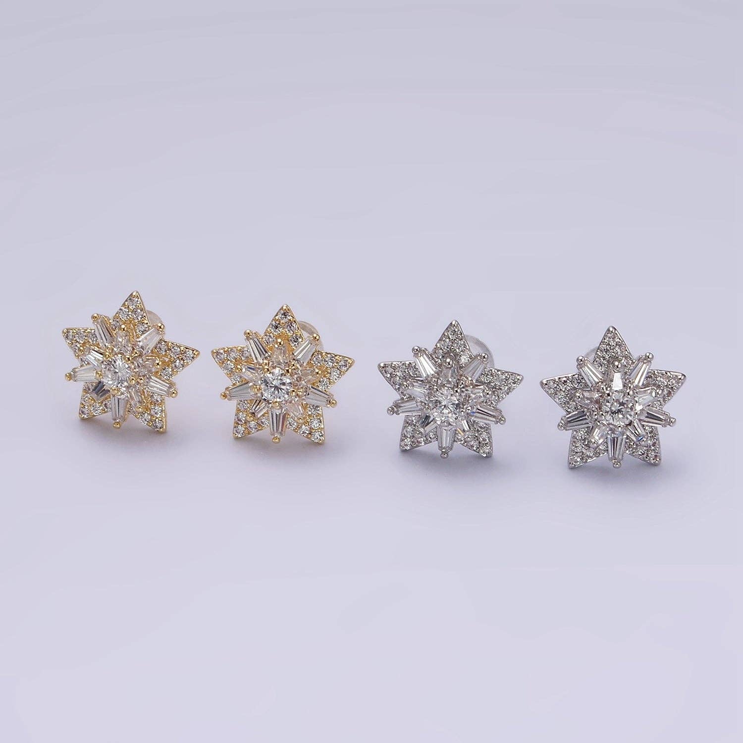 14K Gold Filled Celestial Star Baguette CZ Stud Earrings Silver