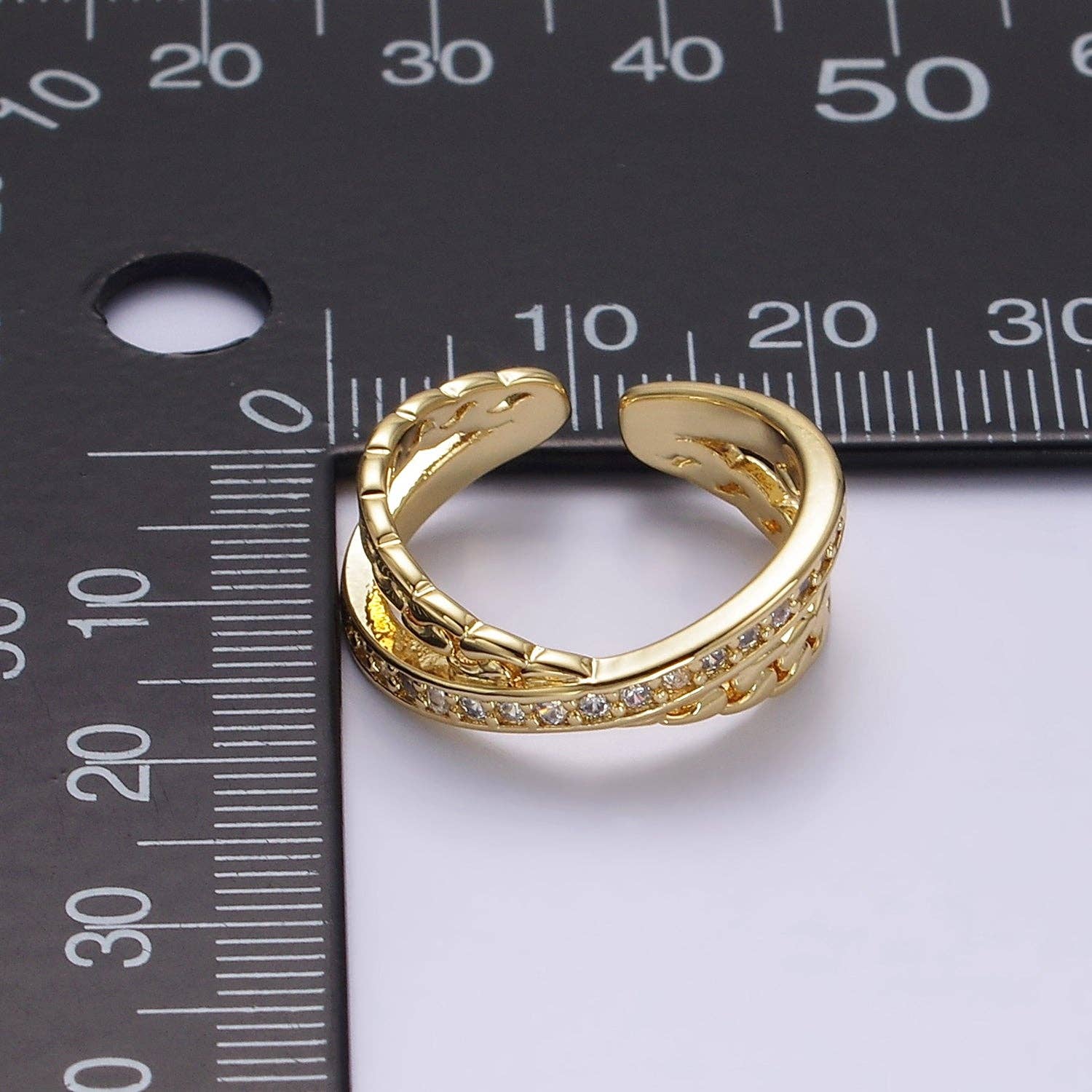 14K Gold Filled Clear CZ Chain Link X Cross Double Band Ring Silver