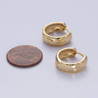Gold Earrings with Textured North Star Carved Wide Small Huggie Hoop Earrings