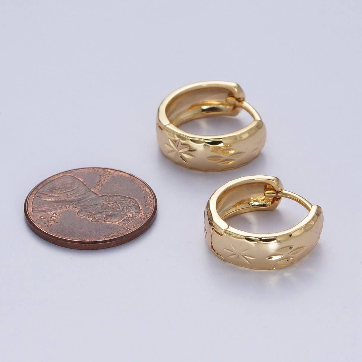 Gold Earrings with Textured North Star Carved Wide Small Huggie Hoop Earrings