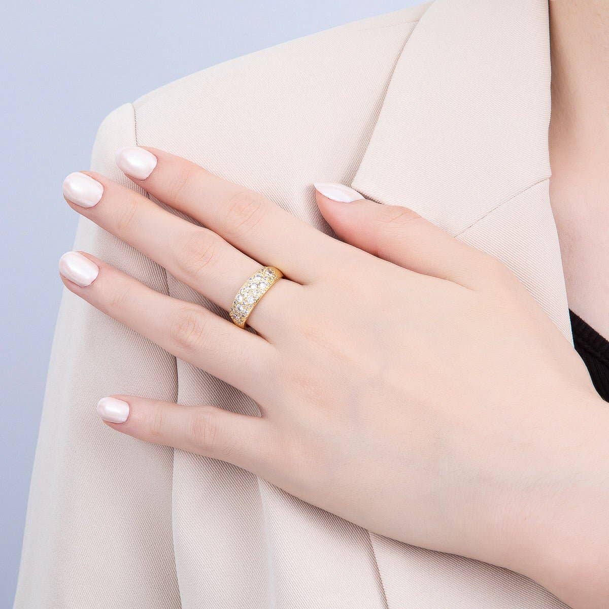 16K Gold Filled Micro Paved CZ Cluster Wide Dome Adjustable Ring in Silver