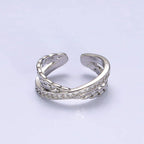 14K Gold Filled Clear CZ Chain Link X Cross Double Band Ring Silver
