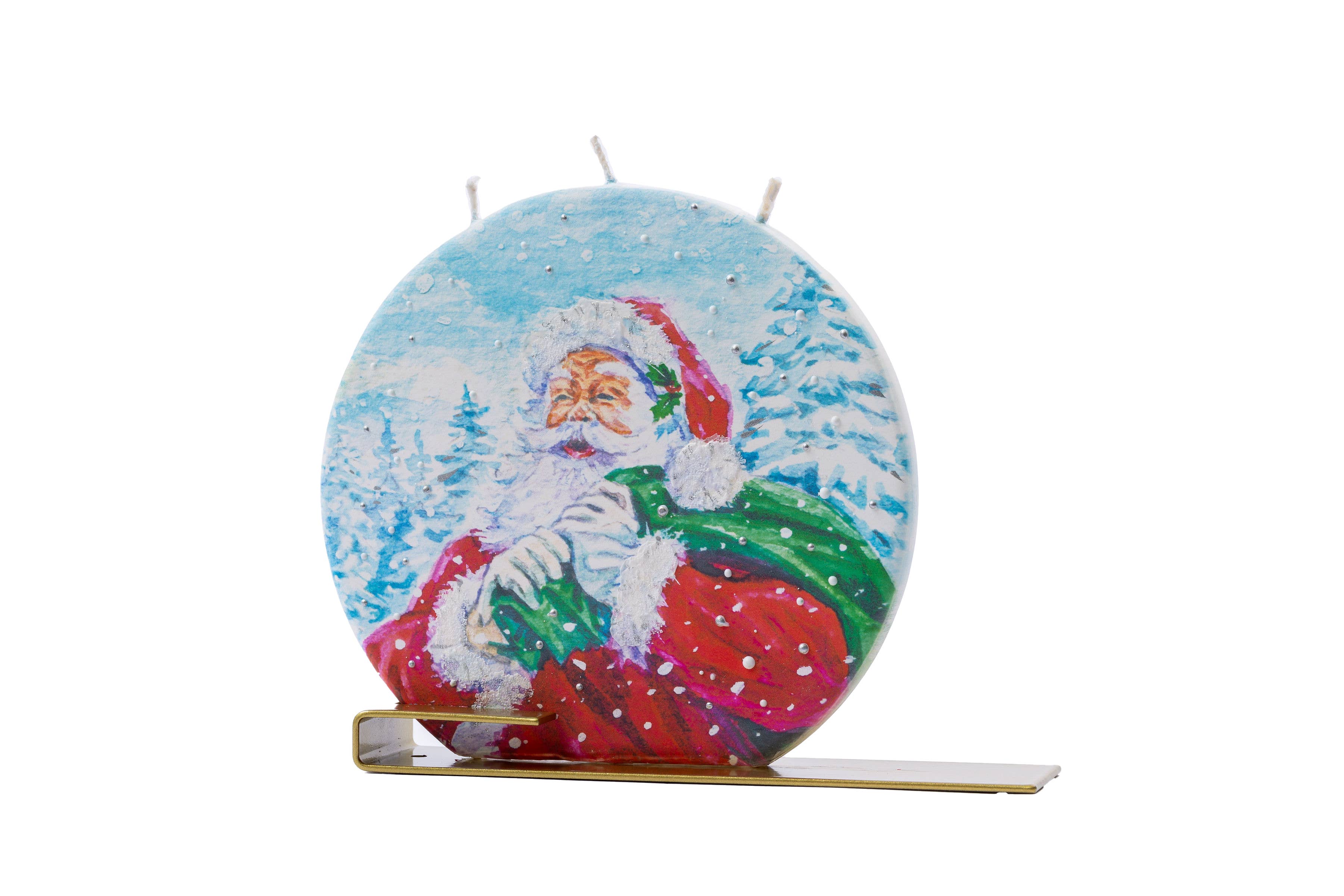 Flat Handmade Candle-Round Snowy Santa with Present Sack