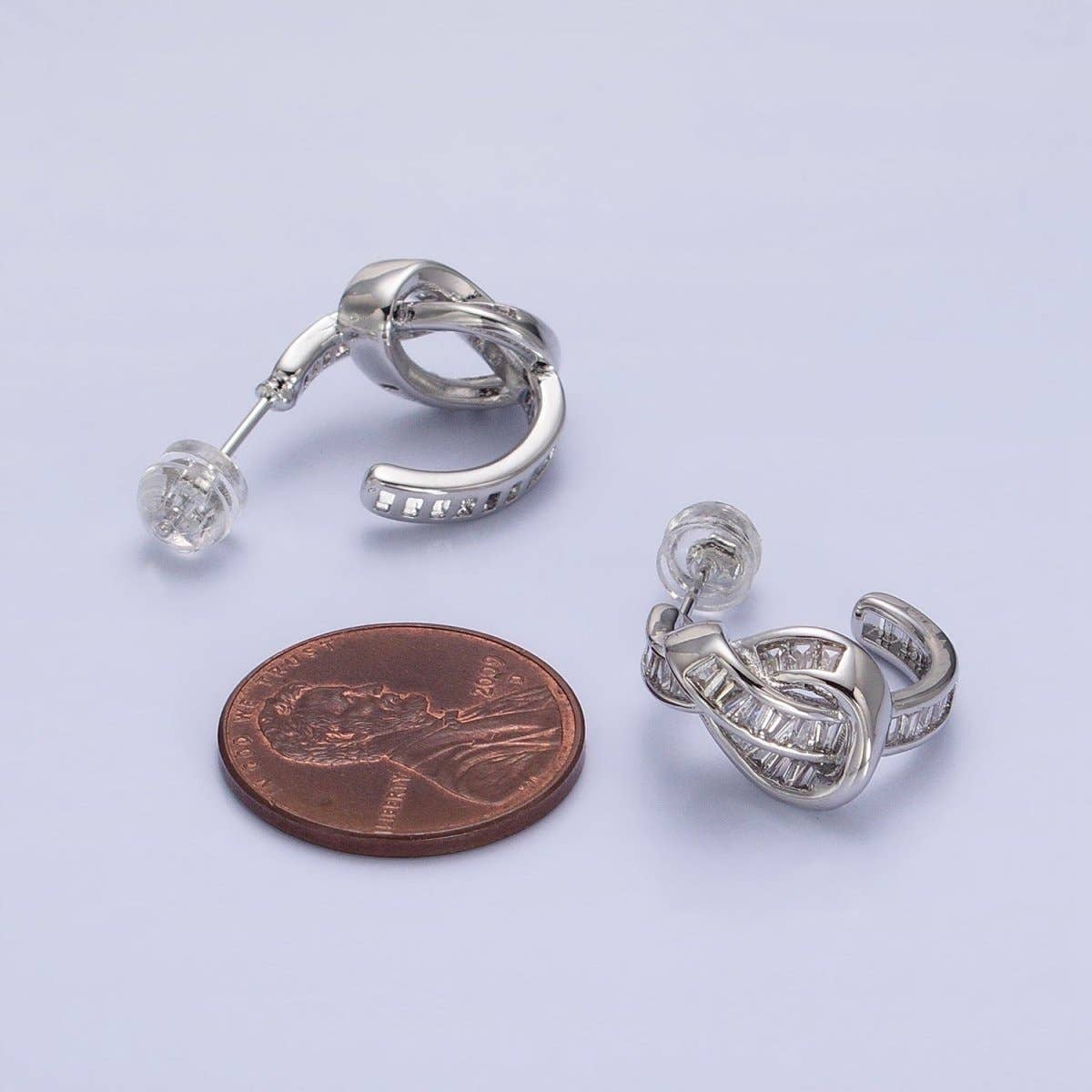 White Gold Filled Clear Baguette Bar Abstract Twirl Stud Earrings