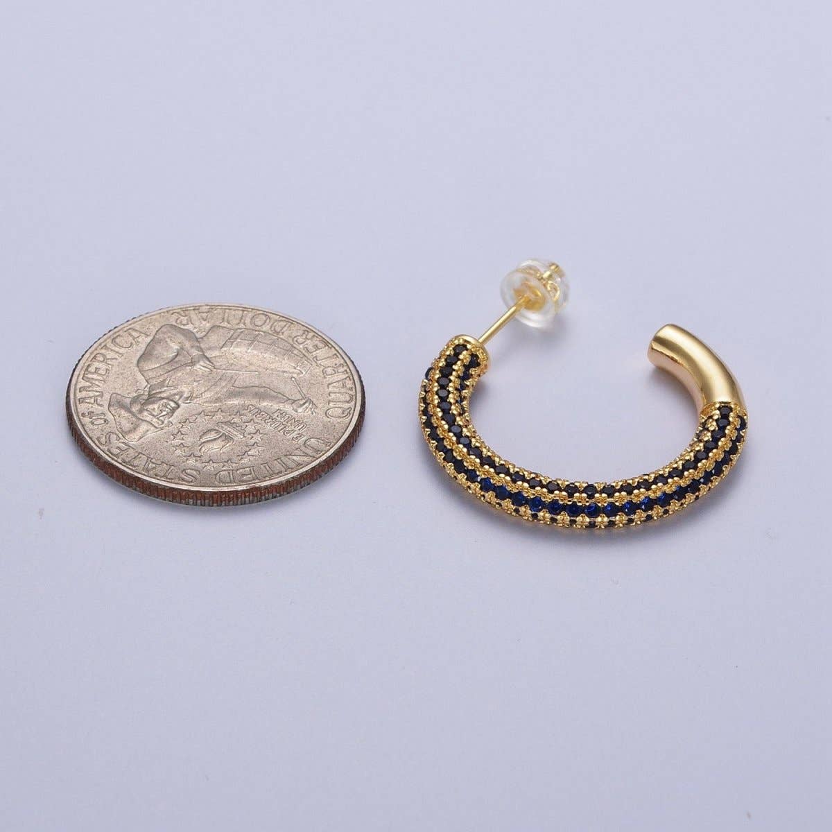 14K Gold Filled Blue Micro Paved CZ C Shaped Hoop Studs