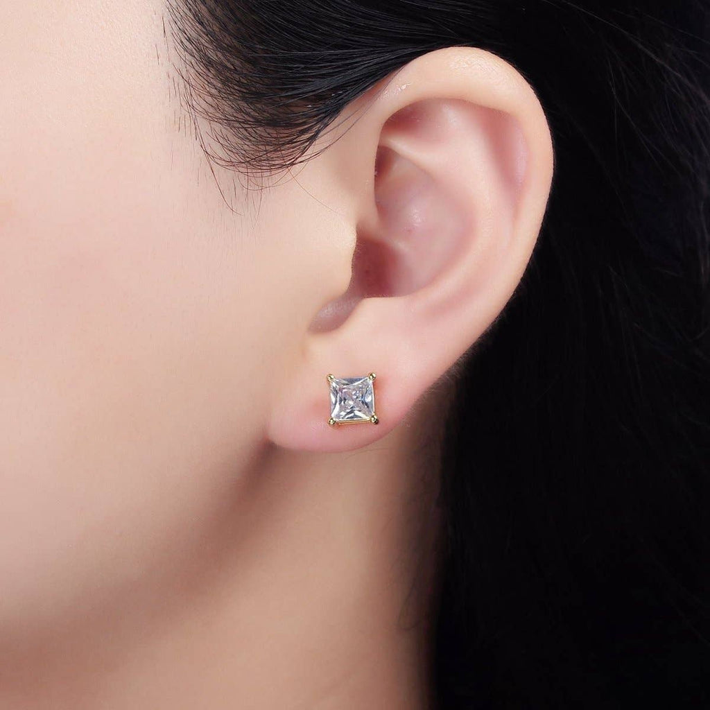 14K Gold Filled 8mm, 6mm Clear CZ Square Bezel Stud Earrings