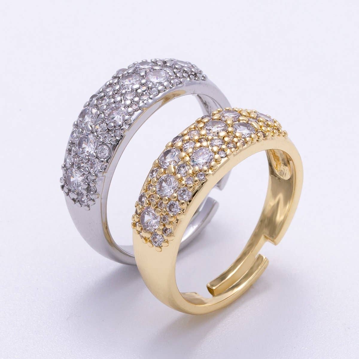 16K Gold Filled Micro Paved CZ Cluster Wide Dome Adjustable Ring in Silver