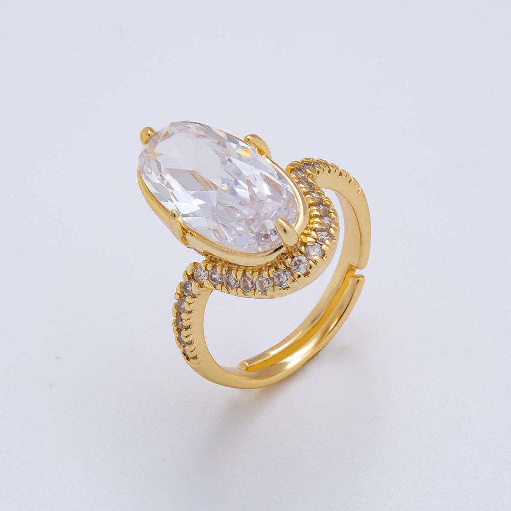 18K Gold Filled Clear Oval Micro Paved CZ Solitaire Band Adjustable Ring
