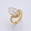 18K Gold Filled Clear Oval Micro Paved CZ Solitaire Band Adjustable Ring
