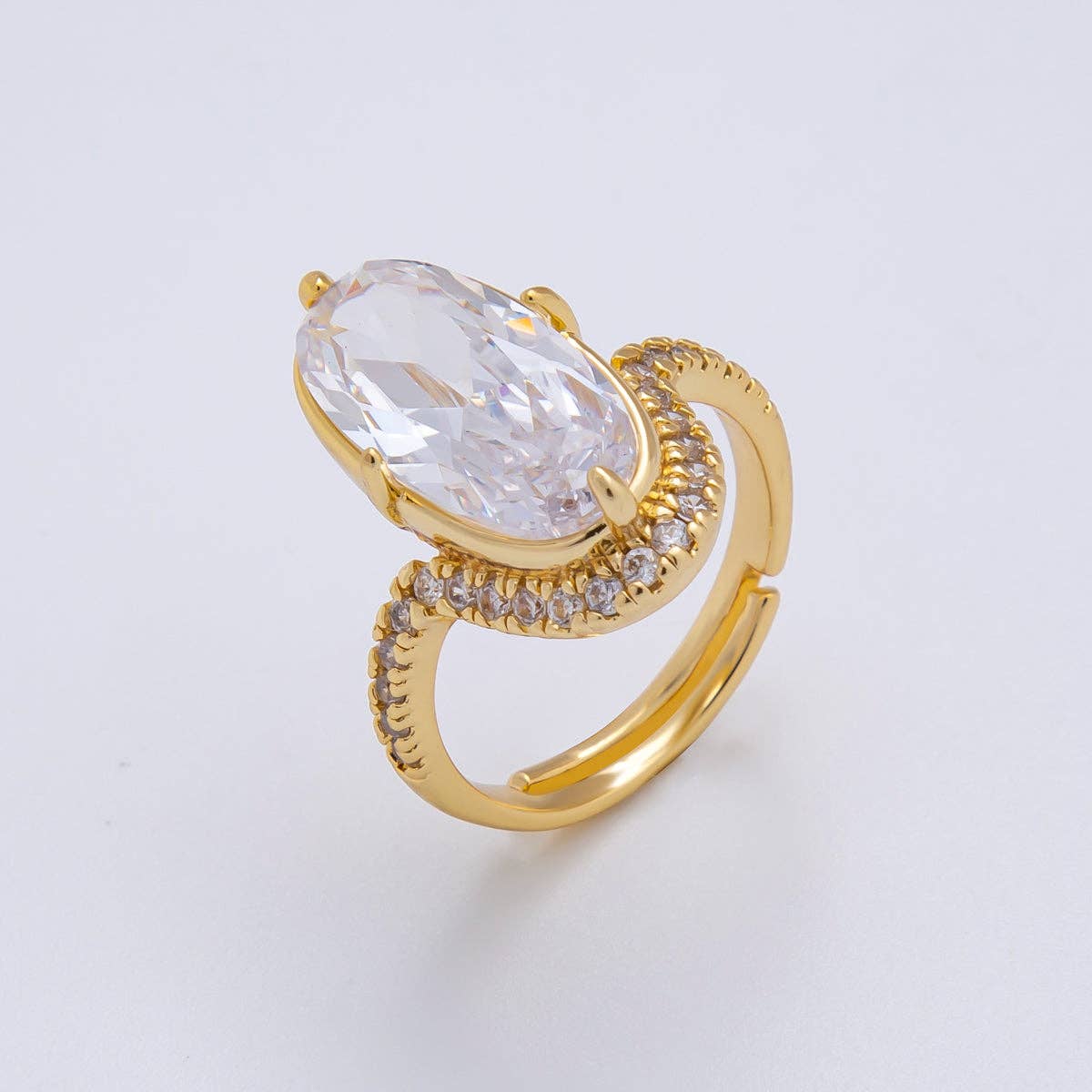 18K Gold Filled Clear Oval Micro Paved CZ Solitaire Band Adjustable Ring