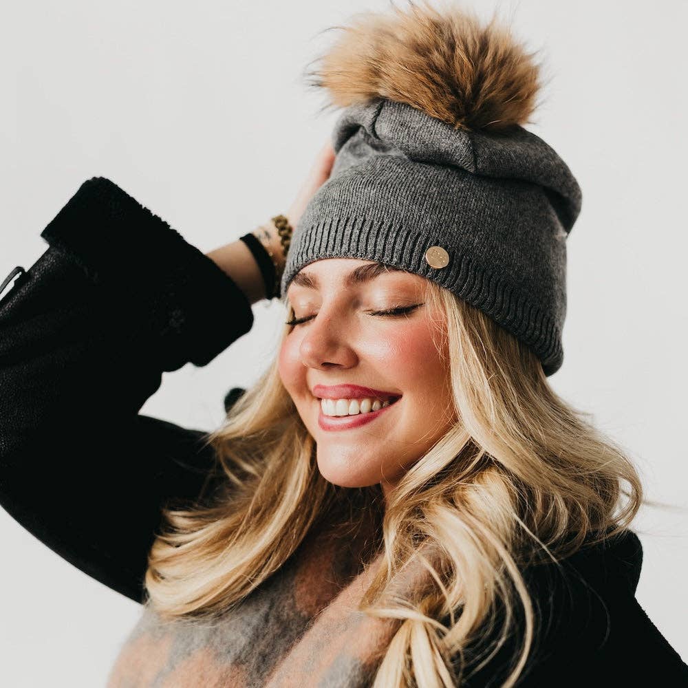 Fine Knit Fur Pom Slouchy Beanie Wholesale: Cream
