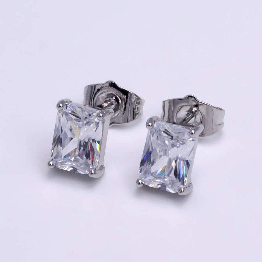 24K Gold Filled Clear Baguette Minimalist Stud Earrings in  Silver
