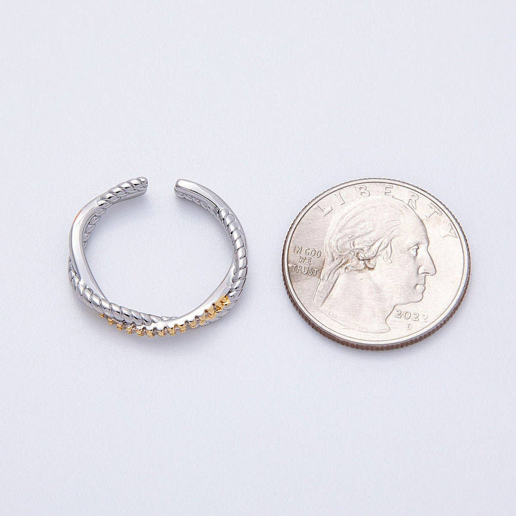 16K Gold Filled Twisted Micro Paved CZ Mixed Metal Ring in Silver