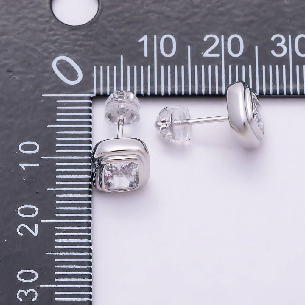 16K Gold Filled 10mm Clear CZ Baguette Bezel Stud Earrings in Silver