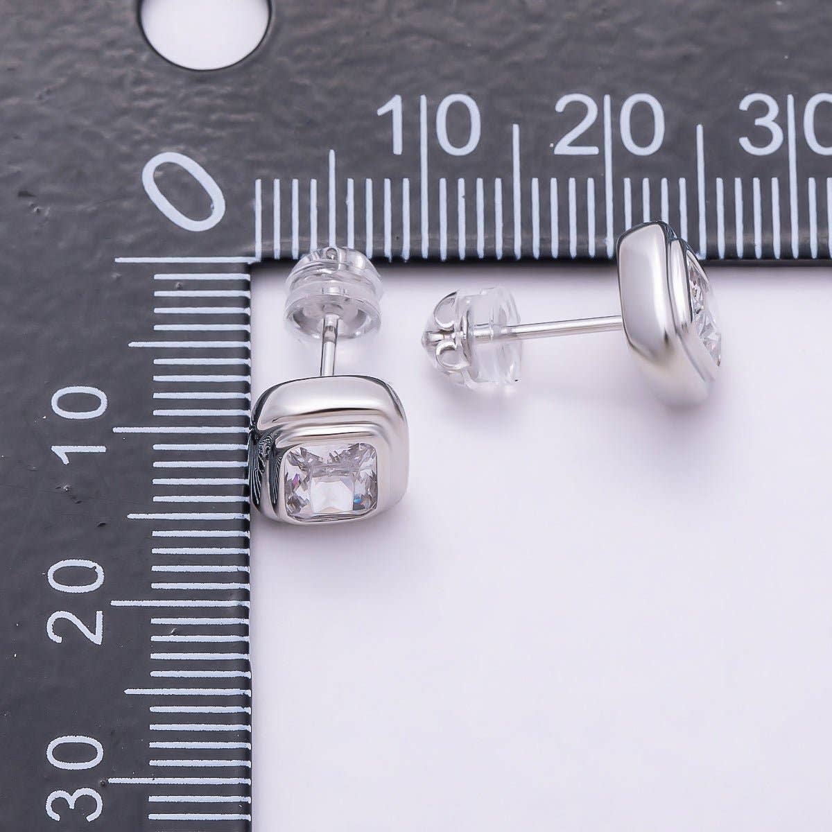 16K Gold Filled 10mm Clear CZ Baguette Bezel Stud Earrings in Silver
