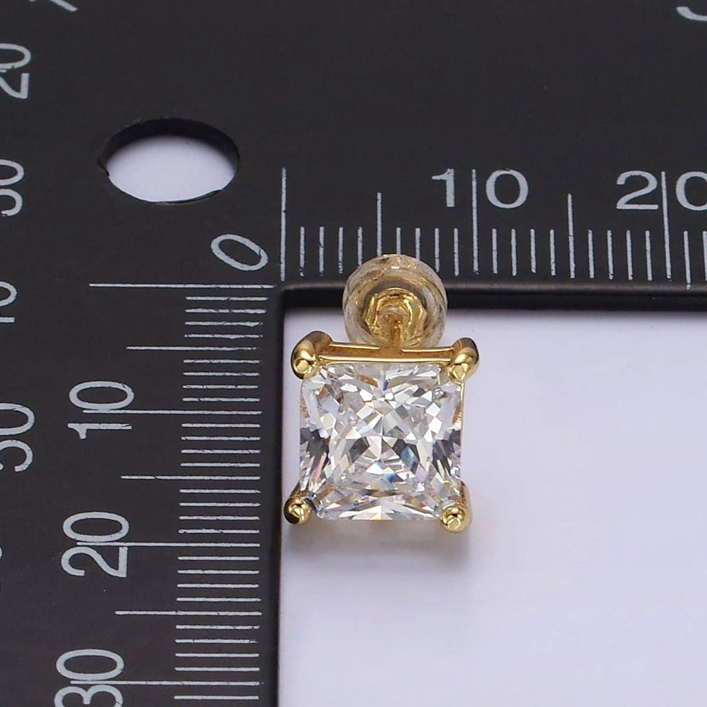 14K Gold Filled 8mm, 6mm Clear CZ Square Bezel Stud Earrings