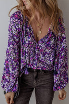 Boho Flower V-Neck Bubble Sleeve Top: Purple