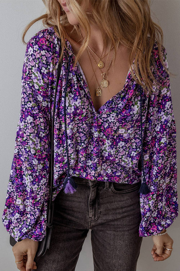Boho Flower V-Neck Bubble Sleeve Top: Purple