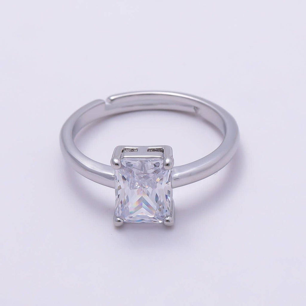 16K Gold Filled Baguette CZ Solitaire Adjustable Ring in Silver